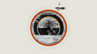 A photo illustration that splices together parts of the moon, a satellite and graphics related to space travel.