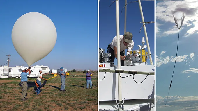 Technicians prepare and launch a large white balloon with scientific instruments attached, followed by close-ups of equipment and the balloon ascending into the sky.