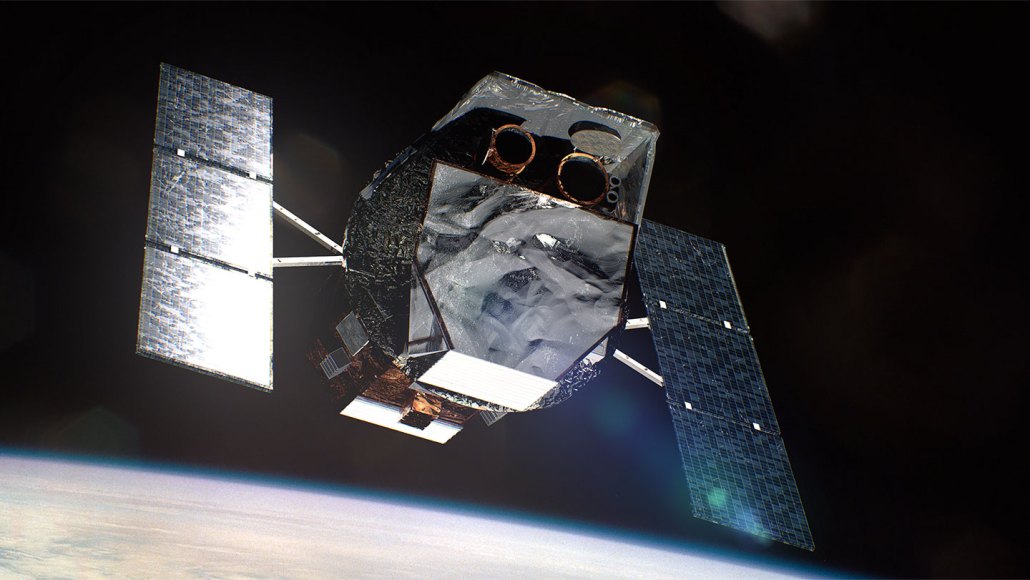 An illustration of a space telescope with extended solar panels with a sliver of Earth in the distance