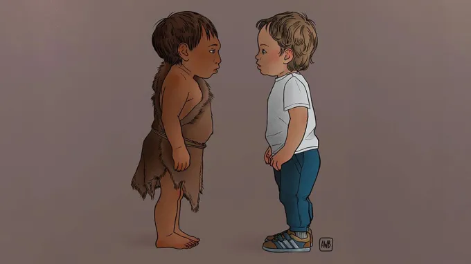 An illustration shows a Neandertal child and a modern human child facing each other, depicted at roughly the same height.
