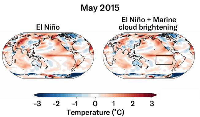 A comparison image of real-world El Niño conditions in May 2015 and simulated conditions with marine cloud brightening.