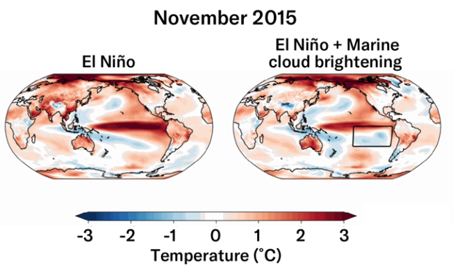 A comparison image of real-world El Niño conditions in November 2015 and simulated conditions with marine cloud brightening.