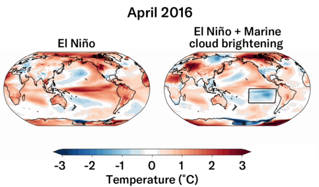 A comparison image of real-world El Niño conditions in April 2016 and simulated conditions with marine cloud brightening.