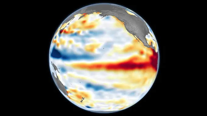 A satellite image of hot sea surface temperatures, shown by shades of red and orange, in the eastern Pacific Ocean that signaled the start of an El Niño event.