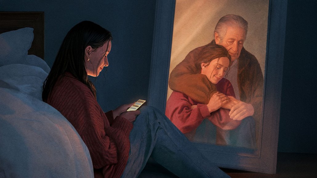 A sketch of a woman using a chatbot to talk with am AI "ghost" of a deceased relative