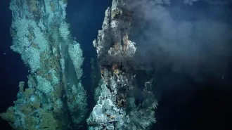 An underwater shots shows two spires of a deep-sea vent spewing hot water. Small deep-sea organisms cling to the structures.