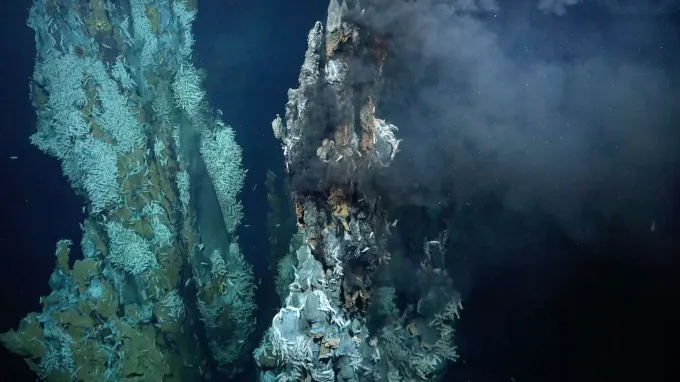 An underwater shots shows two spires of a deep-sea vent spewing hot water. Small deep-sea organisms cling to the structures.