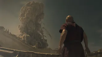 CGI of the historic Mount Vesuvius eruption watched by Barry Aird, dressed as the Praetorian guard in the National Geographic series Pompeii: Out of Time.