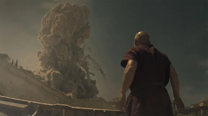 CGI of the historic Mount Vesuvius eruption watched by Barry Aird, dressed as the Praetorian guard in the National Geographic series Pompeii: Out of Time.