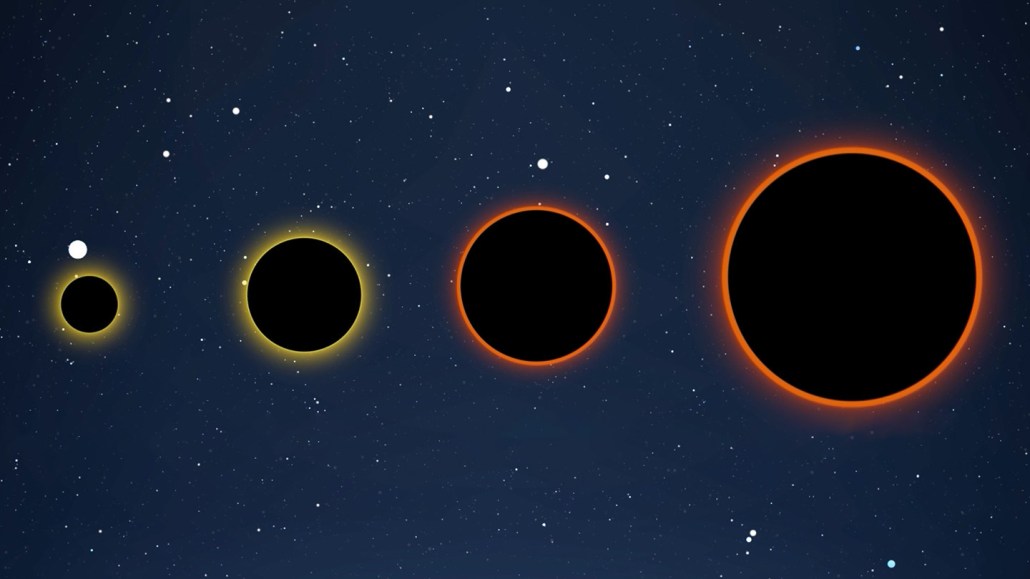 illustration of the 4 different types of black holes: primordial, stellar, intermediate, and supermassive, over a background of space.
