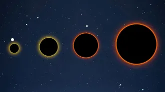 illustration of the 4 different types of black holes: primordial, stellar, intermediate, and supermassive, over a background of space.