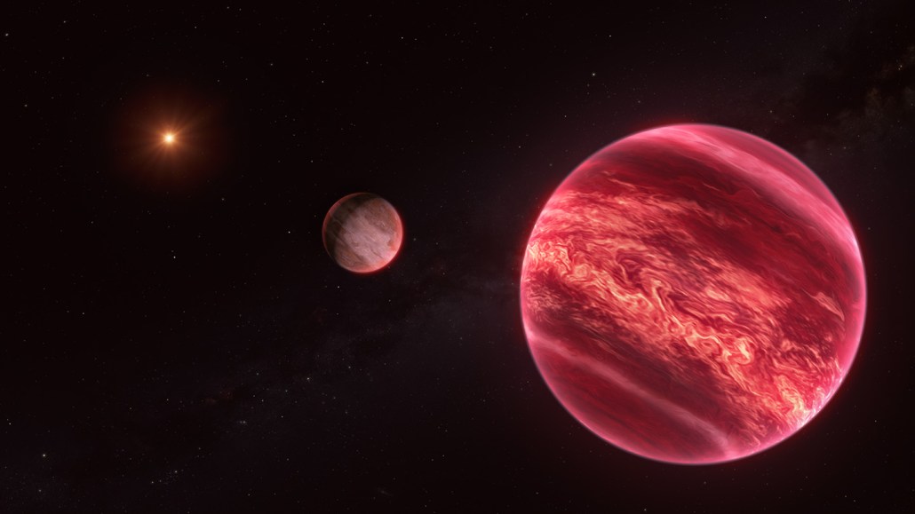 An illustration shows a glowing Jupiter-size object in the foreground, a brown dwarf behind it and a star as a bright point beyond.