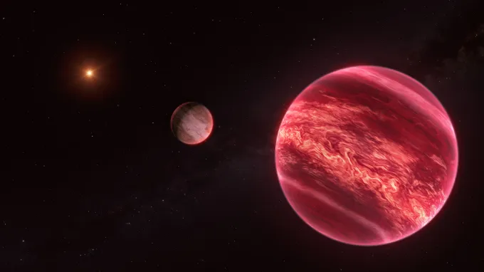 An illustration shows a glowing Jupiter-size object in the foreground, a brown dwarf behind it and a star as a bright point beyond.