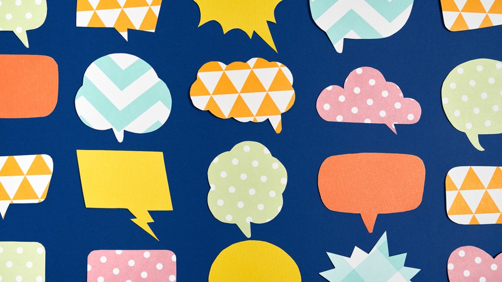 Comic speech balloons with different patterns represent the tens of thousands of languages spoken a few thousand years ago.