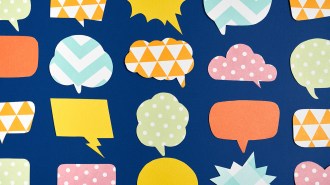 Comic speech balloons with different patterns represent the tens of thousands of languages spoken a few thousand years ago.