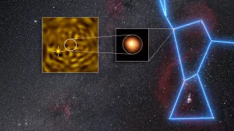 The outline of the constellation Orion is seen on a starry sky. An inset pointing to one spot on Orion has an image of the red supergiant Betelgeuse. An inset of that image shows a bright spot near the big star.