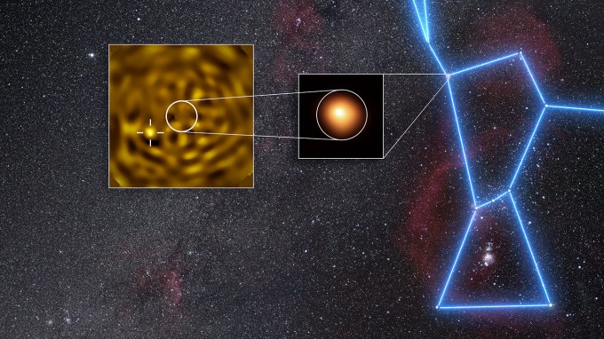 The outline of the constellation Orion is seen on a starry sky. An inset pointing to one spot on Orion has an image of the red supergiant Betelgeuse. An inset of that image shows a bright spot near the big star.