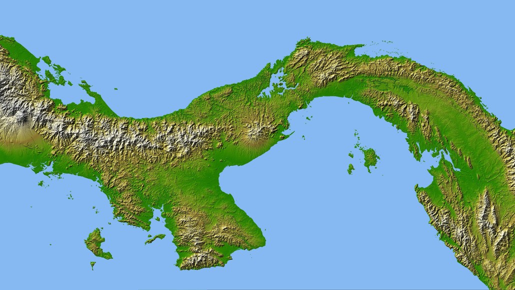 An topographical map shows the green-and-brown Isthmus of Panama against a blue backdrop.