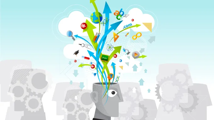 An illustration of learning icons zooming out of a person's head.