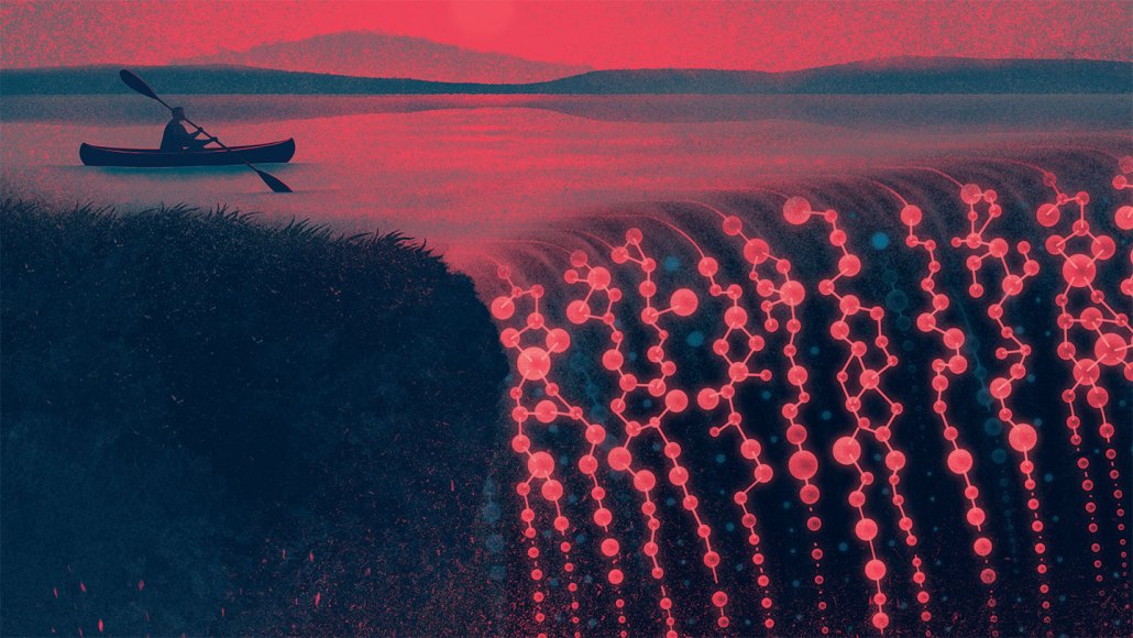 an illustration of someone canoeing towards a waterfall of molecules
