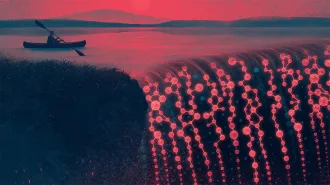 an illustration of someone canoeing towards a waterfall of molecules