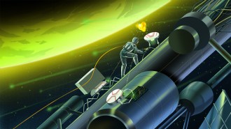 An illustration of a human in a space suit, working alongside a team of robots.