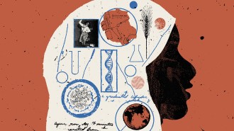 Illustration of a shrouded silhouette of a woman's head in profile. On her covering are symbols of various scientific disciplines that may rely on the study of human remains.
