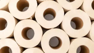 Stacked rolls of toilet paper, seen end on, fill this image.