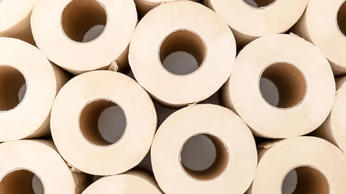 Stacked rolls of toilet paper, seen end on, fill this image.