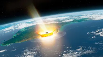 An illustration of a large asteroid hitting Earth, generating a fiery explosion.