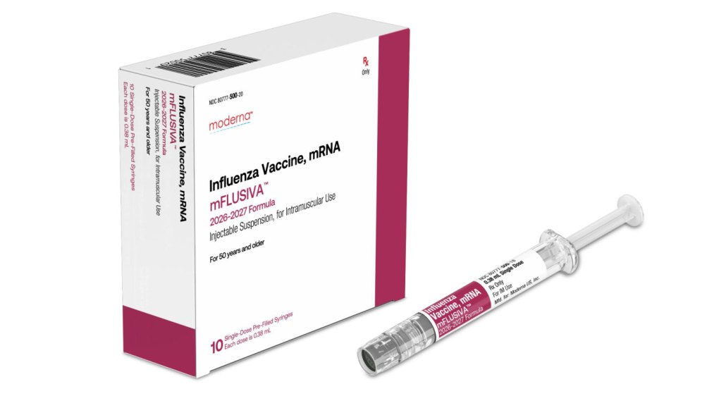 A white and red box of mFlusiva mRNA flu vaccine from Moderna.