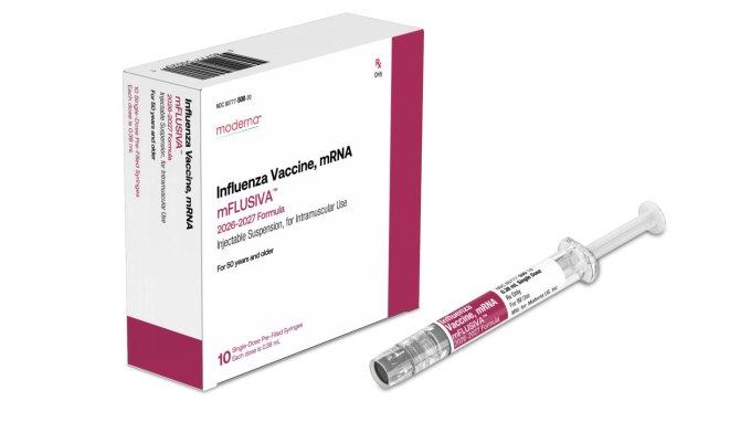 A white and red box of mFlusiva mRNA flu vaccine from Moderna.