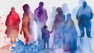 A group of various people's silhouettes in a water-color style image.