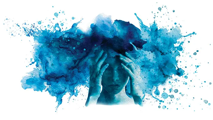 A splash of blue against a white background with a person's face inter-spliced.