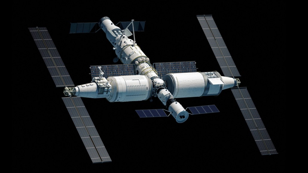 A rendering of a space station with modules and solar panels