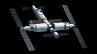 A rendering of a space station with modules and solar panels