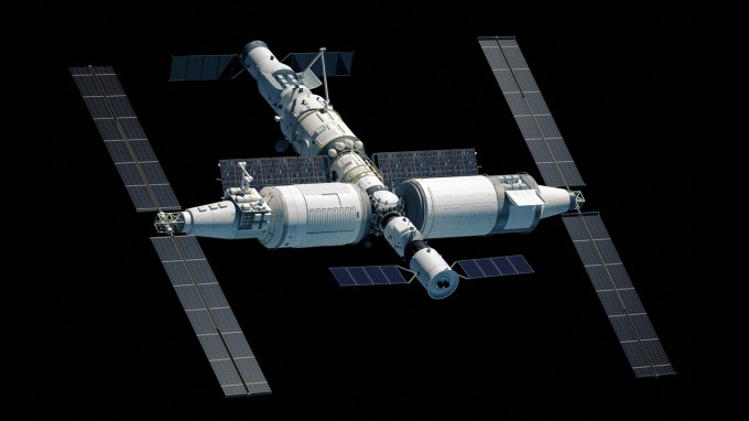 A rendering of a space station with modules and solar panels