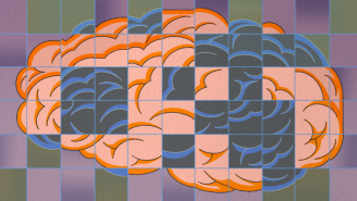 An illustration of a brain with a checkered appearance.