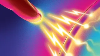 A colorful illustration of static electricity: a fingertip approaches a curved surface, sending bright, glowing streaks of light arcing across the gap between them. The scene is rendered in vivid pink, blue and yellow tones, with a grainy texture.