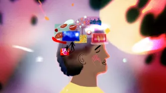 Illustrated side profile of a person’s head filled with colorful images—food, nature, people, and objects—suggesting thoughts and memories.