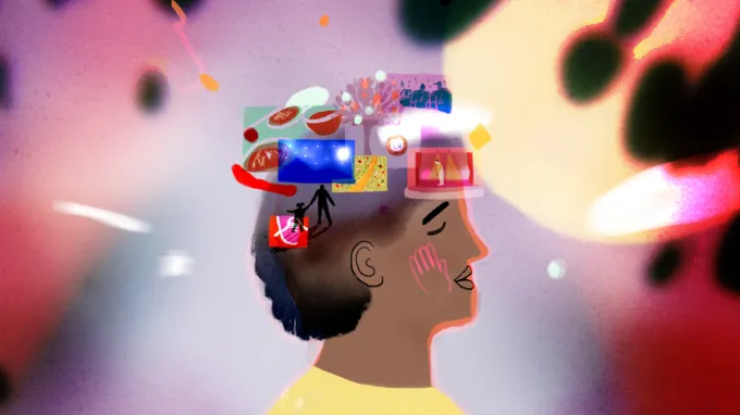 Illustrated side profile of a person’s head filled with colorful images—food, nature, people, and objects—suggesting thoughts and memories.