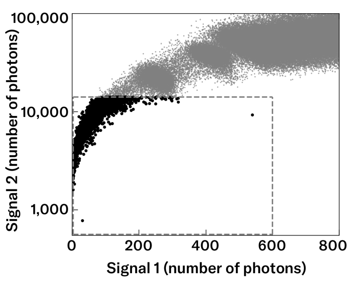 A graph showing a band of many data points, with two data points that stand out from the band.
