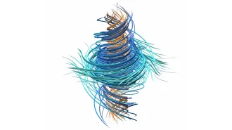 Trails of blue and orange spiral around a central line.